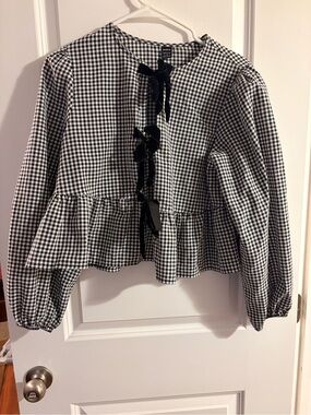 SHEIN Black and White Gingham Ruffle Peplum Blouse with Velvet Ties